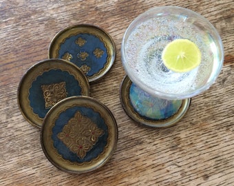 Vintage Florentine Coasters 4 Four Boho Italian Artisan Painted Round Coasters Set of Four Blue & Gold Metal Coasters Florentia Venetian Art