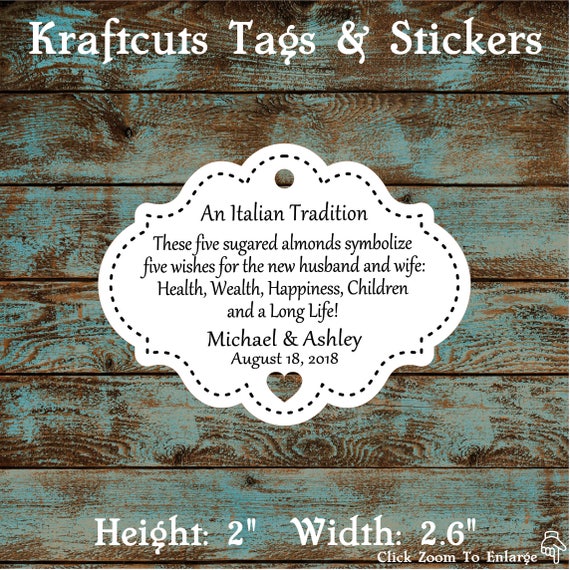 Favor Tags, Jordan Almond Favor Tags, Sugared Almond Favor Tags, Italian Wedding Favor Tags Stitched with Heart Cut Out #613 - Qty: 30 Tags