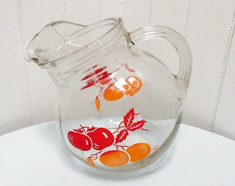 Vintage 1950s Hazel Atlas Orange & Tomatoes Tilted Ball Pitcher, Ice Lip