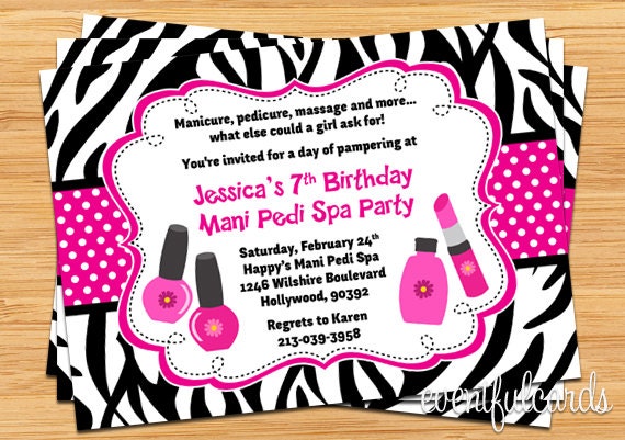 zebra printer card 3 Spa Birthday Pink Black Zebra Invitation Pedi Party Mani