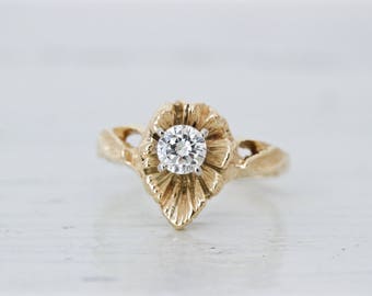 Boho Engagement Ring | 0.28 CT Diamond Solitaire | Floral Ring | Vintage Engagement Ring | 14k Yellow Gold Ring | Eco Friendly | Size 5.25