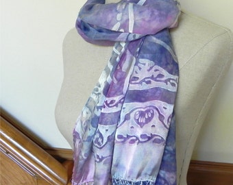 Hand dyed Devore satin silk shawl with fringe, violet blue and mulberry pink silk scarf, ready to ship #488