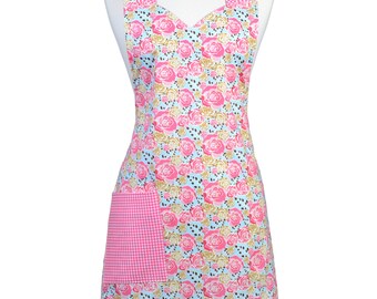 Flirty Ruffled Apron - Packed Pink Floral with Pink Gingham - Ruffled Hemline - Chef - Kitchen Cooking - Over the Head Comfort