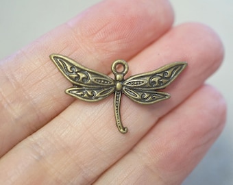 6 Metal Antique Bronze Dragonfly Charms - 32mm