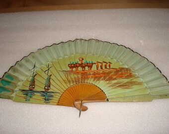 Vintage Hand Painted Rice Paper And Wood Hand Held Fan