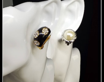 Vintage metal gold and black, silver and white clip-on earrings, two pairs