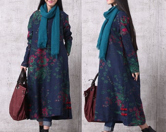 Casual Loose Fitting Long Sleeved Cotton Long Dress Blouse- Women Maxi dress