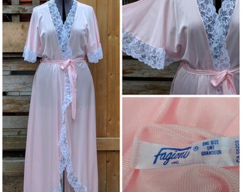 Vintage 1980's Full Length FAGIONI Pink Dead Stock / Never Used Nylon and Lace Dressing Gown / Robe / Night Gown