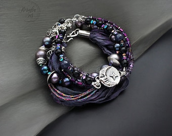At night you can hear the heart - bracelet (set) with the silver, pearls and silk sari ribbon, unique jewelry, handmade, pmc jewelry