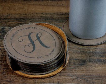 Monogrammed Leather Coaster Set, Customized Coasters, Engraved Coasters, Personalized Engraved Gift, Wedding Gift, Couples Gift idea