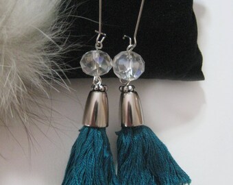 Aqua Tassel Earrings, Crystal Bead Caps, Blue BoHo Earrings, Tassel Earrings, Aqua Earrings, Cotton Tassels,
