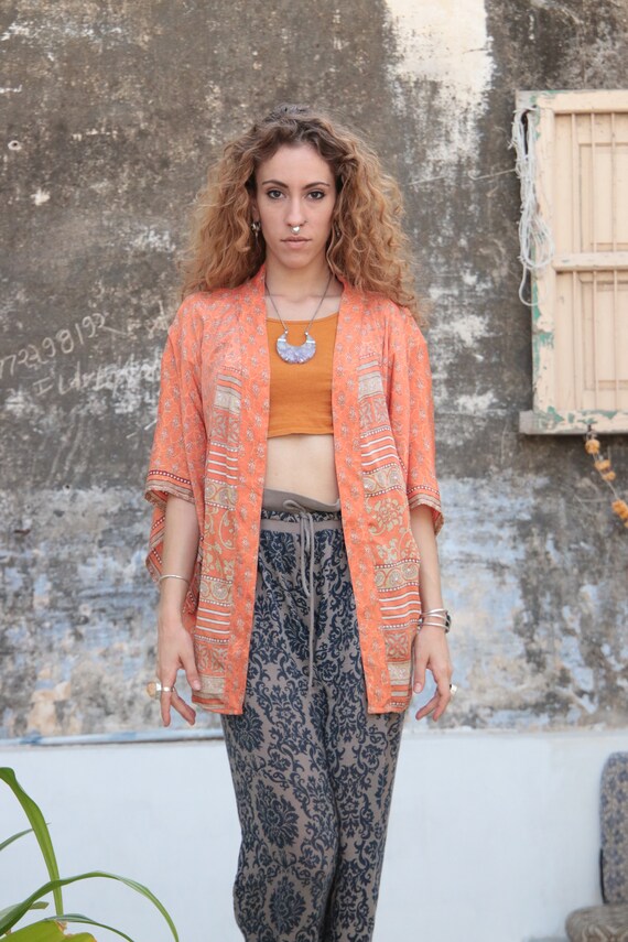 PEACH PAISLEY KIMONO - Silk Cardigan - Cover Up - Bohemian Kimono - Kaftan - Bespoke - Vacation - Spring - Maternity - wedding - Summer