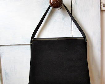 50s Black Handbag - Early 60s Purse - Handle Bag - Pocketbook - Satin - Suede