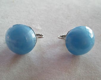 Silver and baby blue faceted drop clip on earrings