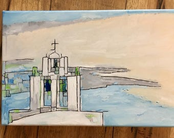 Original oil painting abstract church by the ocean. Oil on canvas 8x12 small artwork gift wall decor