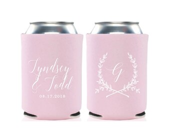 Monogram Wreath Beer Can Holder - Wedding Favor - Foam Beverage Holder - Custom Wedding Can Cooler