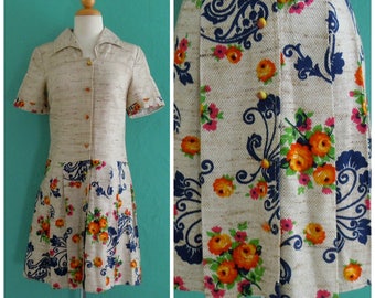 vintage floral print spring dress // pleated drop waist dress