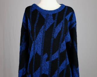 Vintage Cozy Ugly Hipster Sweater, Blue & Black, Cable knit, Over-sized, Slouchy 1980's 1990's