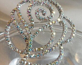 BIG SALE Vintage Rhinestone Rose Brooch. Aurora Borealis AB Rhinestones Flower Pin.
