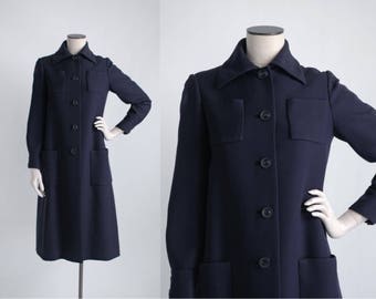 SALE! NORELL vintage 1970s Norman Norell coat * dark blue wool gabardine * 1960s designer couture CT111
