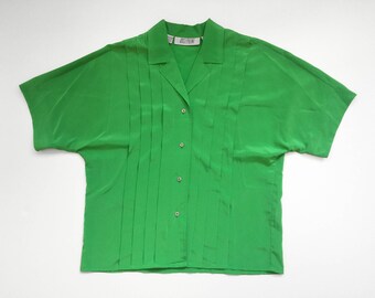 90s Green Pleated Short Sleeve Button-Up