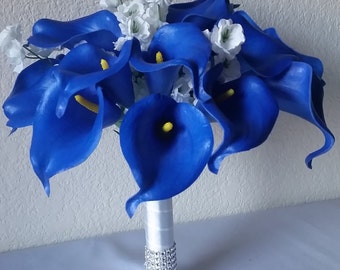 Royal Blue Calla lily Bridal Wedding Bouquet & Boutonniere