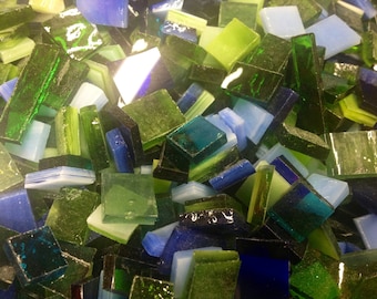 100 MIXED BLUE & GREEN Odd Size Tiles - Stained Glass Mosaic Supply B36