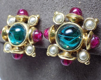 1990s Vintage BARRERA Clip Earrings Cabochon Green Red Pearl Gold Tone Metal