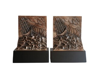 Ship in a Storm Brutalist Style Bookends - Pewter Tone and Matte Black Vintage Nautical Bookends