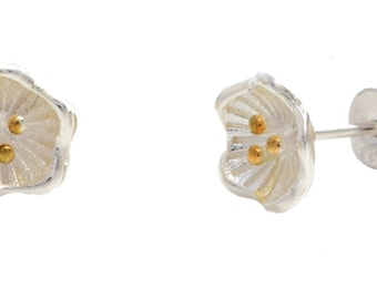Dainty Buttercups Flower Blossom Stud Earrings in Sterling Silver with Gold Plate e49