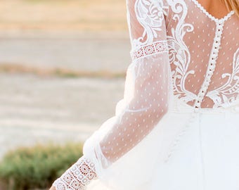 bohemian wedding dress, boho wedding dress, dotted tulle wedding dress, lace wedding dress, backless wedding dress, boho bridal gown,