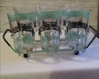 VINTAGE 50's - 60's Glass Set(6) with Caddy. Perfect Condition. No Flea Bites. Teal blue and black. No Mfgs. Mark. A great gift idea.