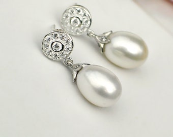 Pearl Earrings | Large White Freshwater Drop Pearls | CZ Pavé Round Sterling Silver Studs | Vintage Style | Bridal Jewelry | Ready to Ship