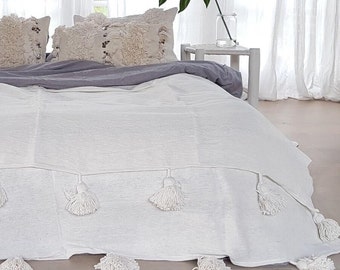 Moroccan pom pom blanket XL off-white ''9.8 x 6.6 ft''