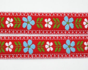 Blue & White Daisy Floral on Red Jacquard Ribbon Vintage Sewing Trim, Tyrolean Trim 7/8" wide - 3 yards - Millinery, Haberdashery