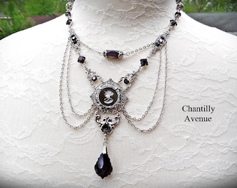 Black Cameo Necklace, Jet Vintage Style Gothic Mourning Jewelry Handmade, Victorian Intaglio Necklace - Made to Order