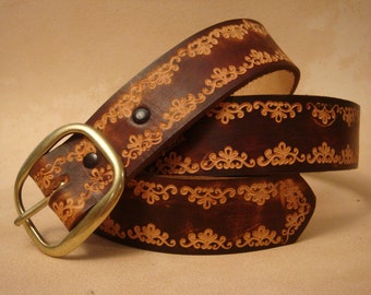 Tooled Leather Belt - Custom Leather Belt - Personalized Leather Belt - Brown 1-1/2" SND Pattern