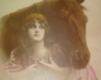 Lovely Hand Tinted Vintage/Antique Lady & Horse P ostcard