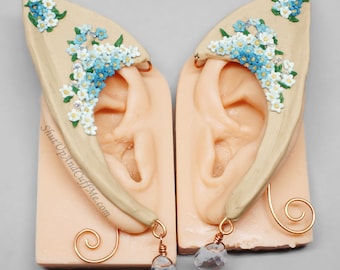Blue Flower Elf Ears, Light Skin Tone Elf Ears, Elf Ear Wraps, Elf Ear Cuffs, Blue Ombre Flowers, Crystal Ear Cuffs