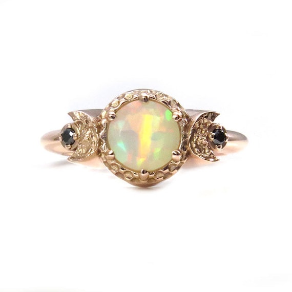 Opal Triple Moon Ring - Moon Goddess Diamond and Gold Moon Phase Engagement Ring