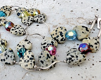 Sparkly Necklace.Dalmatian Stone Heart Beads & Multi Colorful Crystals.Fun and Unique. Rustic Boho Tribal Southwest Style Jewelry