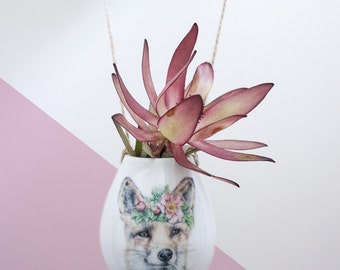Hanging Plant Pots, Succulent Planter, Woodland Fox Illustration, Ceramic Hanging Planter, Succulent Pot, wildflowers, Mother's Day Gift