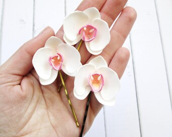 Small Orchid Hairpin - Wedding Flowers Mini Orchid Hair Pin - White Orchid Hair Accessories - Hawaii Orchid Bobby Pin Bridesmaid Hair Clips