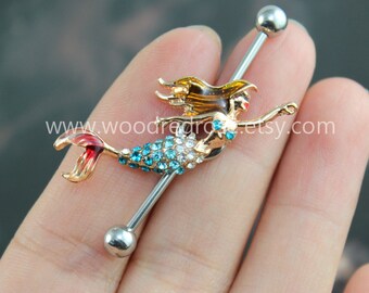 Mermaid Industrial Barbell Ear Jewelry Double Piercing,Mermaid Belly Button Rings, Little Mermaid earring,Nautica earrings
