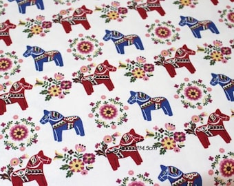 Scandinavian Swedish Vintage Dala Horse Canvas Fabric