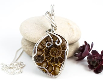 Ammonite pendant - Sterling Ammonite Necklace - Wire Wrapped Pendant -