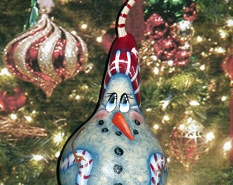 Hand Painted 6" Primitive- Folk Art CANDY CANE GARLAND Snowman Gourd Ornament - Gourd - Gourds - Home Decor - Christmas Decor -Holiday Decor