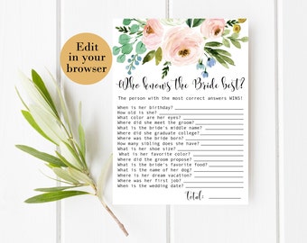 Who Knows the Bride Best, Editable Spring Bridal Shower Game, Pink Bridal Shower Printables Blush Bridal Shower Know The Bride Quiz Greenery