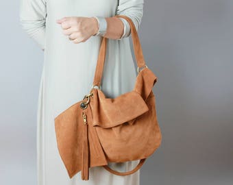 Leather hobo bag in brown suede - leather hobo, leather tote, caramel leather bag, slouchy hobo bag