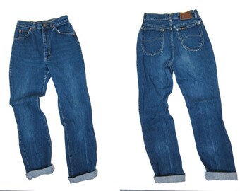 High Waist Blue Jeans Worn In Denim Boot Cut Leg Mom 1980s Jeans Vintage Farmers Mechanics 80s LEE Hipster Grunge Womens XS Small